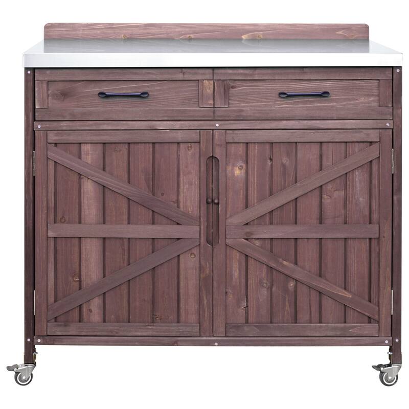 39.4" Outdoor Kitchen Island on Wheels with Stainless Table Top, Outdoor Kitchen Cabinet with Adjustable Shelves