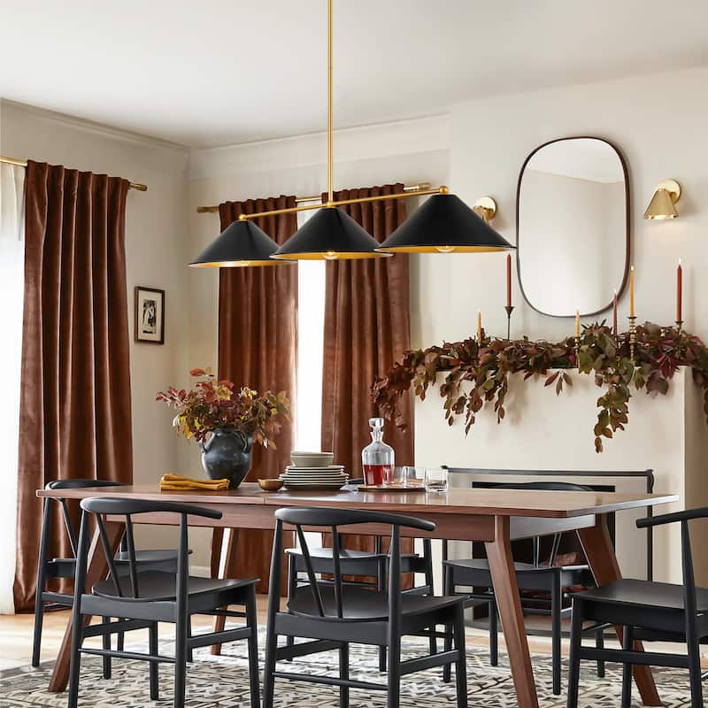 3-Light Modern Industrial Black& Gold Island Pendant Light Metal Cone Linear Chandeliers For Dining Room