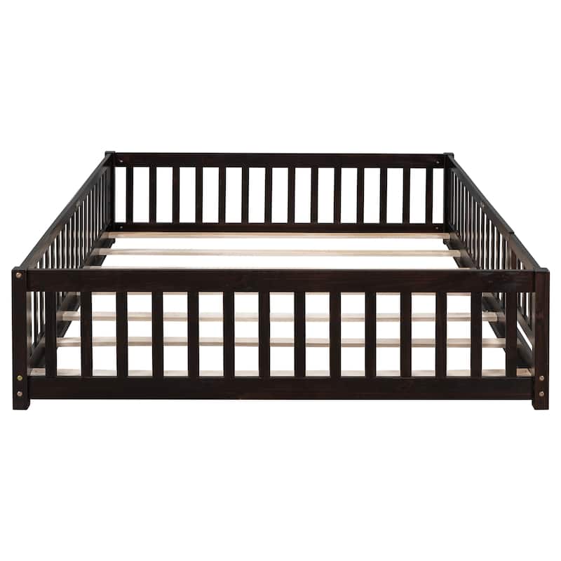 Queen size Floor Platform Bed with Fence Guardrails and Door
