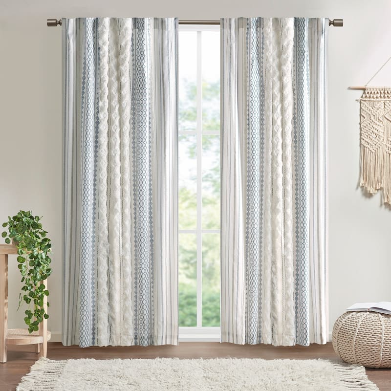INK+IVY Imani Cotton Printed Single Curtain Panel with Chenille Stripe and Lining - 50x95" - White/Navy