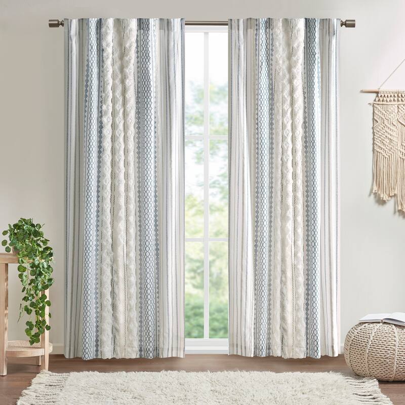 Rossetta Chenille Stripe Textured artisanal look Cotton Printed Curtain Panel, Only 1 Piece Panel - Blue+Multi