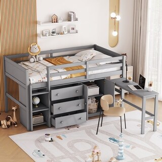Multifunctional Design Twin Size Loft Bed With Pull-Out Desk, Drawers, Cabinet, and Shelves