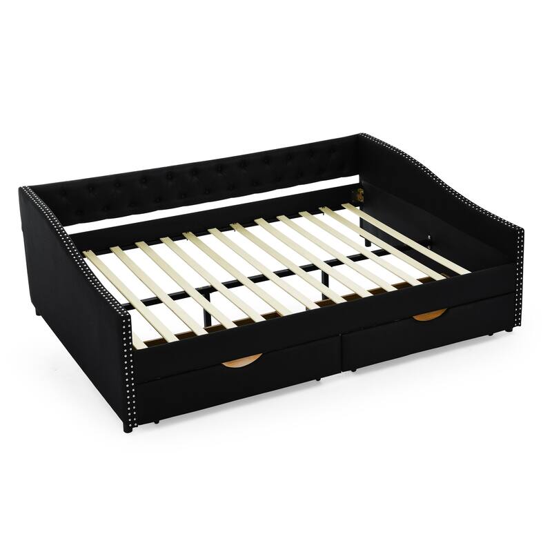 Tufted Button Daybed with 2 Storage Drawers/Upholstered Sofa Bed Frame w/Copper Nail on Waved Shape Armrests/No Spring Box Need