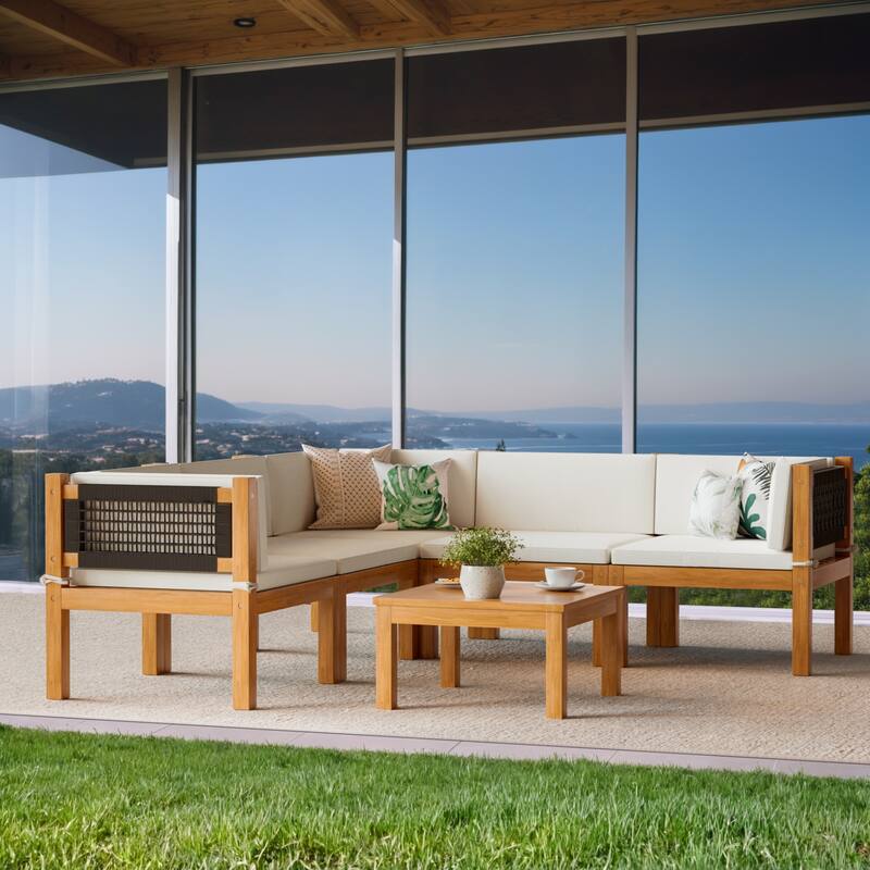 Furniwell 5/6/7-pieces Acacia Patio Furniture Set, Wooden Conversation Set,Outdoor Modular Design Sofa Set with Side Table