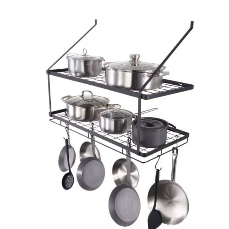 30 Inch Black Steel Wall Mounted Pot and Pan Hanging Rack with 12 S Hooks Ideal for Utensils and Cookware