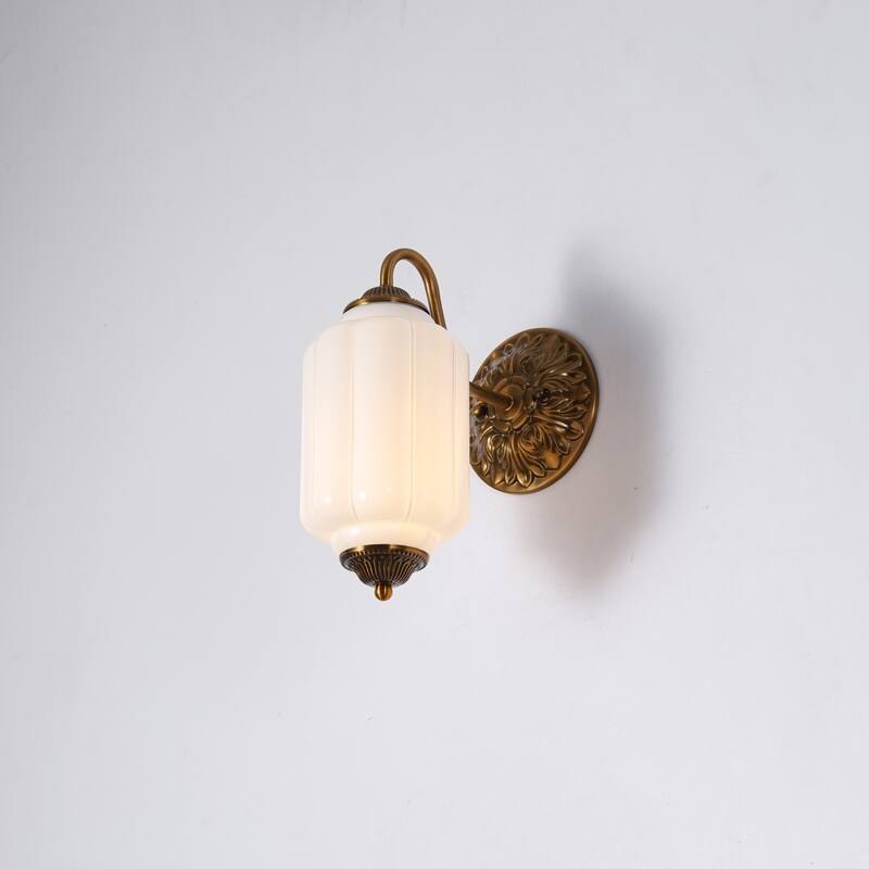 1-Light Vintage Antique Brass Finish Lantern Shaped Wall Light with Opal/Green Glass Shade for Bedroom, Hallways