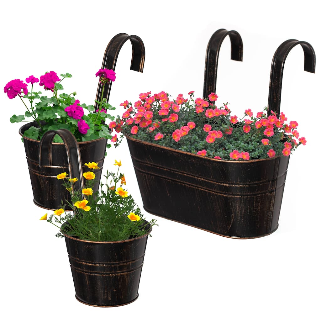 Gardenised Set of 3 Metal Hanging Railing Planters with Detachable Hooks Decorative Outdoor Set for Balcony Patio Deck