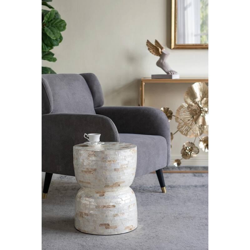 ​Decorative Hourglass Stool - Gold/White Capiz Finish, End Table, Side Table - 14x14x18"