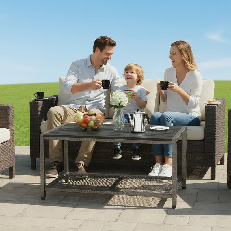 35 in Black Rectangular Metal Outdoor Coffee Table, 2-Tier Space-Saving Patio Table