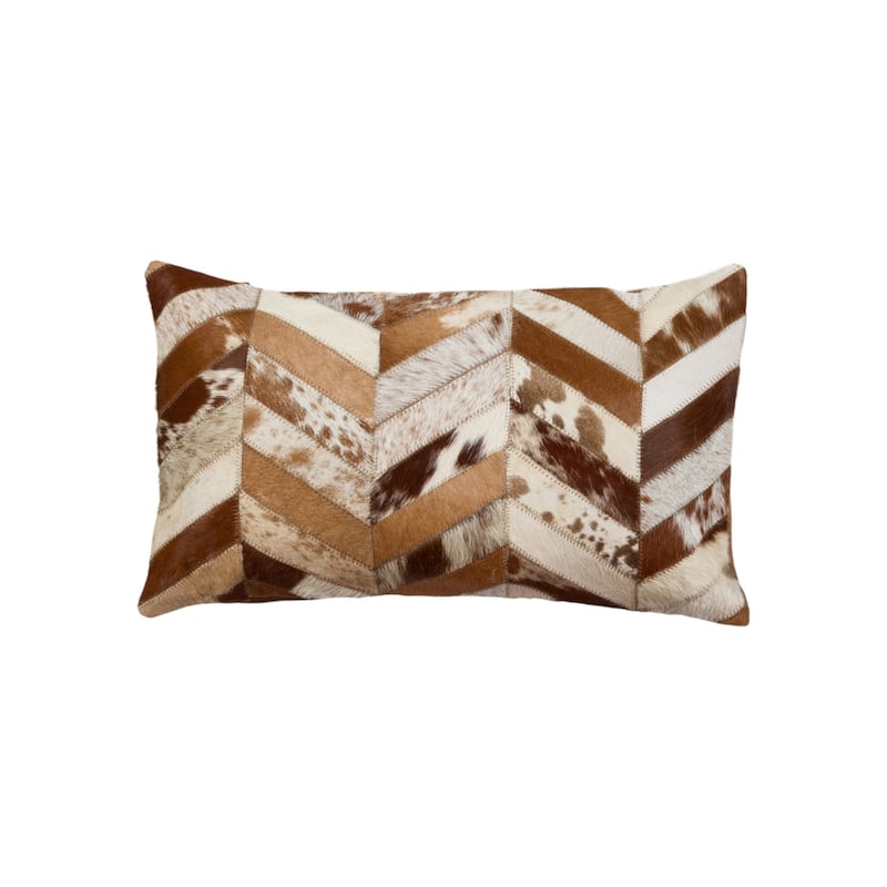 Set of Two 12" X 20" Brown and Natural Chevron Cowhide Lumbar Throw Pillows