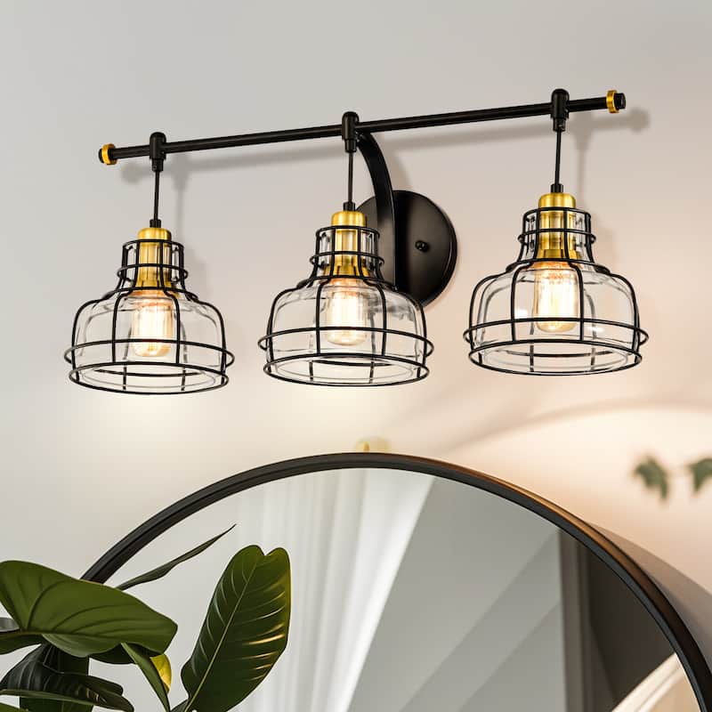 Black and Antique Gold 3-Light Vanity with Clear Glass Shades - Black and Antique Gold