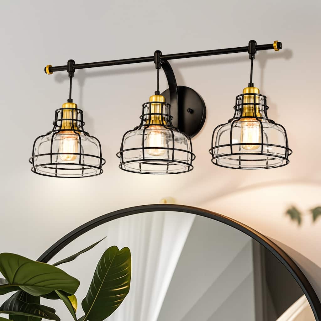 Black and Antique Gold 3-Light Vanity with Clear Glass Shades