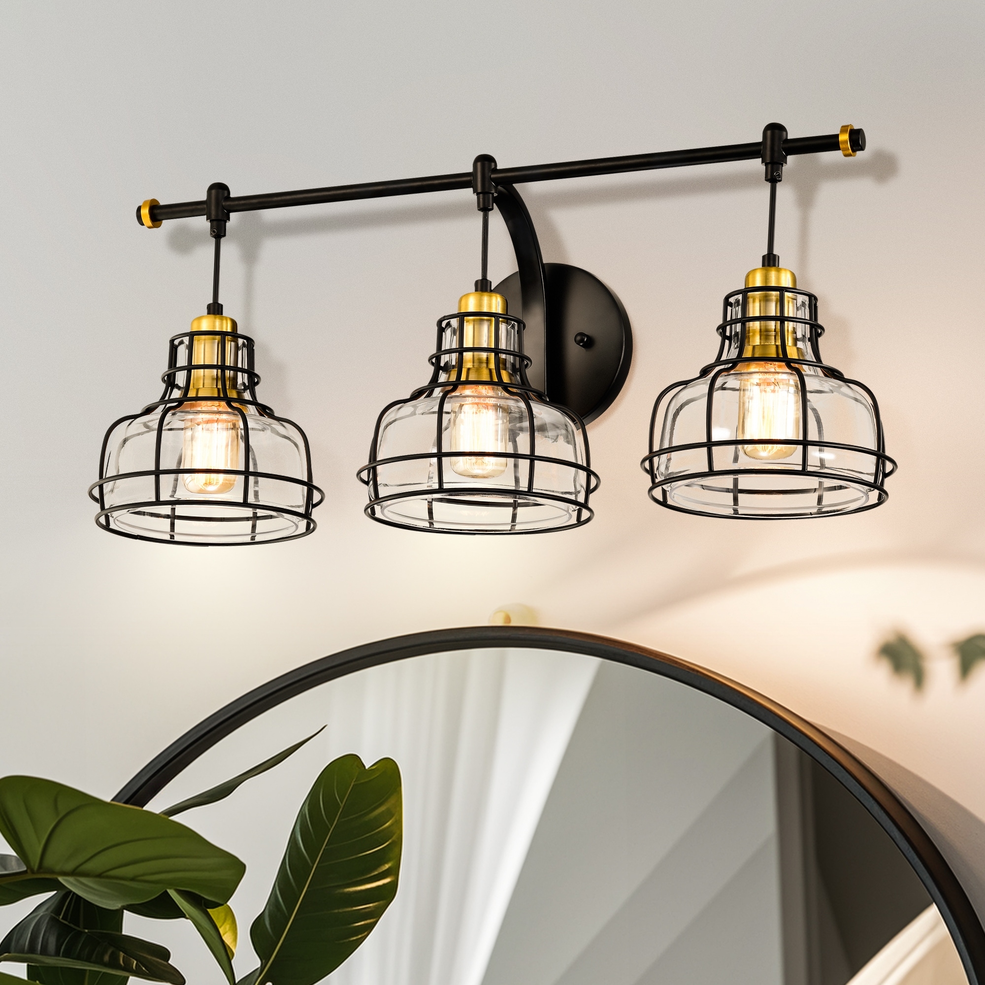 Matte Black and Gold 3-Light Vanity with Clear Glass Shades