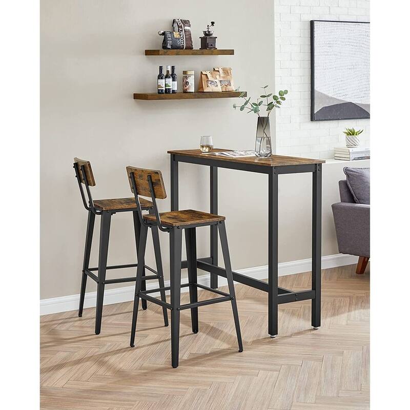 Rustic Brown Black Industrial Bar Stools Set of 2 with Backrest Footrest and Sturdy Metal Legs for Kitchen or Dining Area