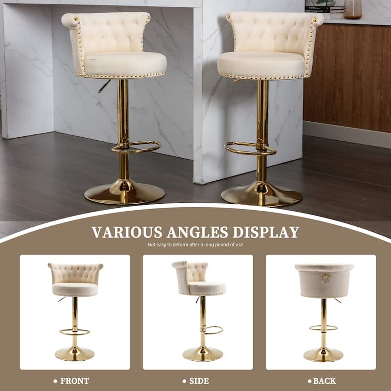 Velvet Upholstered Tufted Nailheads Swivel Adjustable Height Bar Stools With Golden Footrest(set of 2)