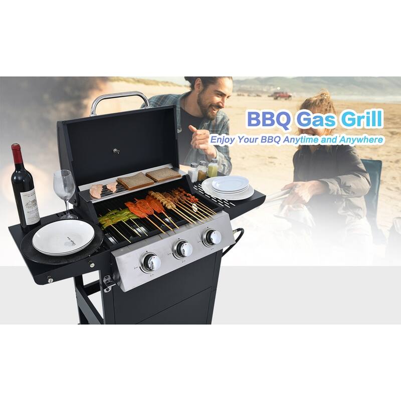 3 Burner Propane Gas Grill with 2 Shelves and Lid, Stainless Steel BBQ Grill with Wheels and Bottle Opener for Picnic