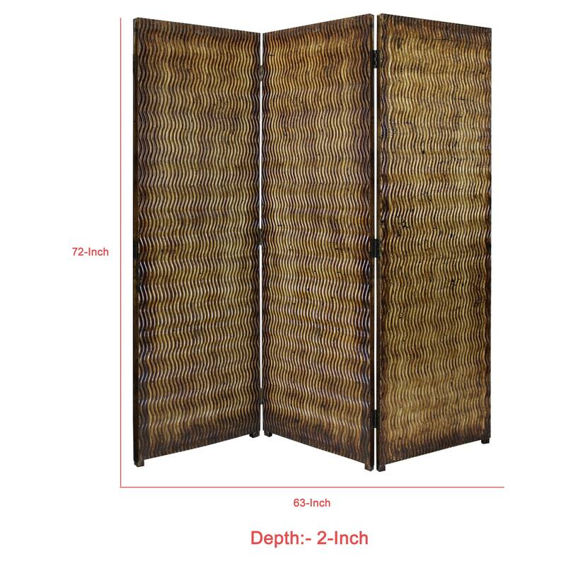 Dual Tone 3 Panel Wooden Foldable Room Divider with Wavy Design, Brown