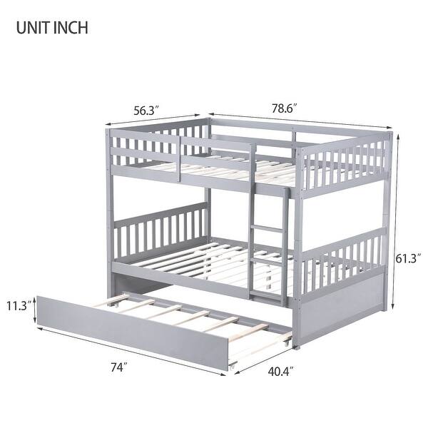 Full Size Rubberwood Bunk Bed with Pull-Out Trundle, Convertible to Two Separate Beds, Safety Guardrails and Ladder Included