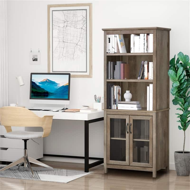 70" Tall Wooden Bookcase with Adjustable Shelves and Glass Door Storage Cabinet for Living Room - 30" W x 15.75" D x 70.75" H