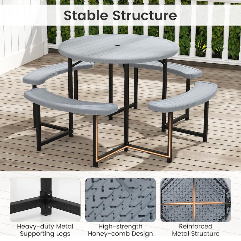 HDPE Round Picnic Table Set with 4 Benches and Umbrella Hole Perfect for Patio or Balcony