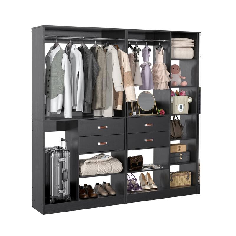 Vryon 110'' Set of 3 Freestanding Corner Closet System, Reversible Closet Organizer with Drawers and Hanging Rods