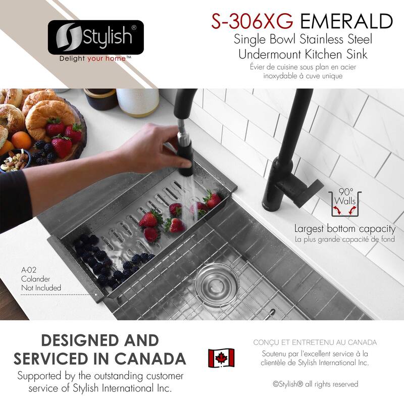 Undermount 28" Single-Bowl Stainless Steel 16G Kitchen Sink S-306XG - 28" x 18" x 10"