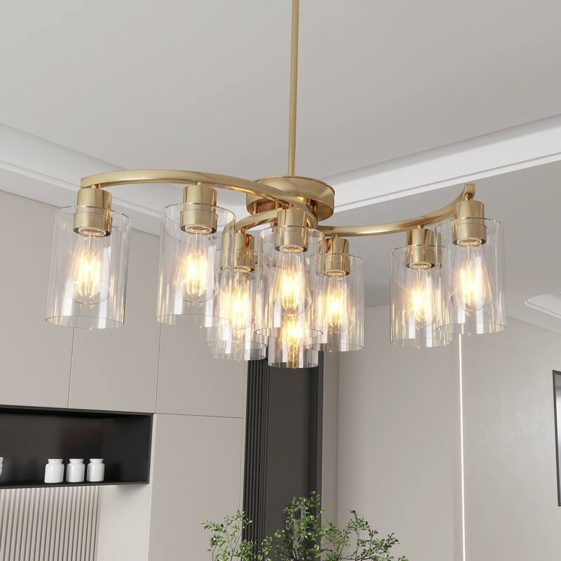 9-Light Glass Chandelier, Adjustable Height Dining Room Light Fixtures Over Table, Contemporary Hanging Chandelier