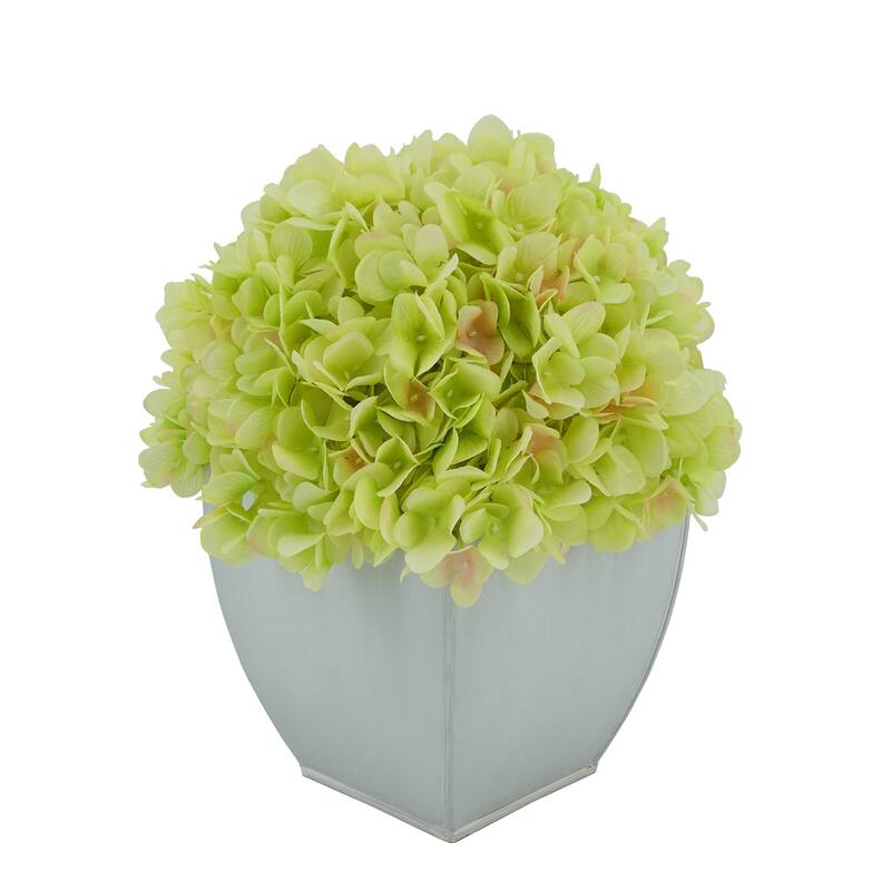 Faux Hydrangea in Cream Tapered Zinc Cube - Green