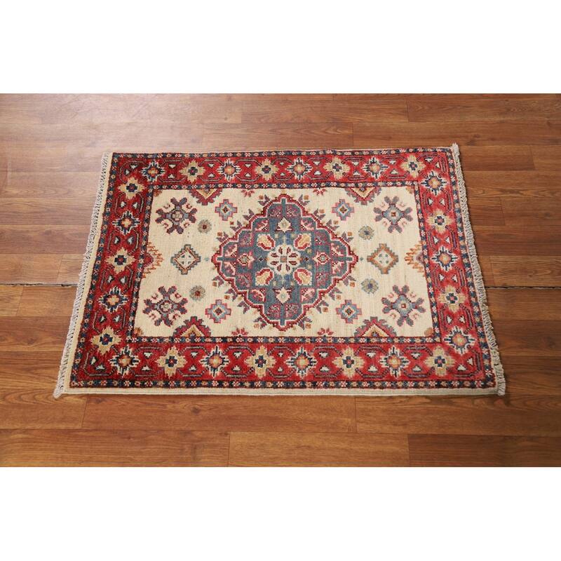 Ivory Kazak Oriental Foyer Rug Hand-Knotted Wool Carpet - 2'0" x 3'0"