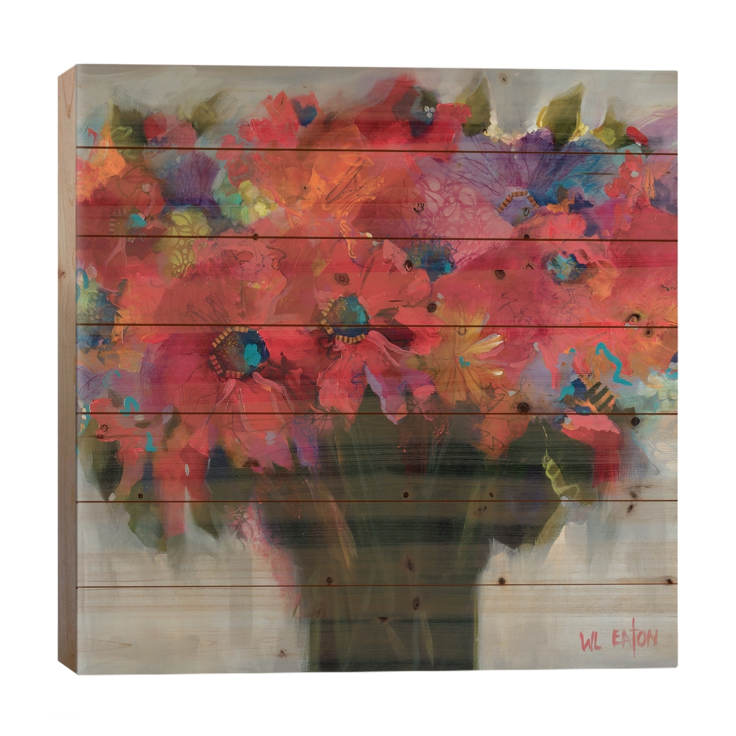 Red And Violet Flowers Print On Wood by Winnie Eaton - Multi-Color