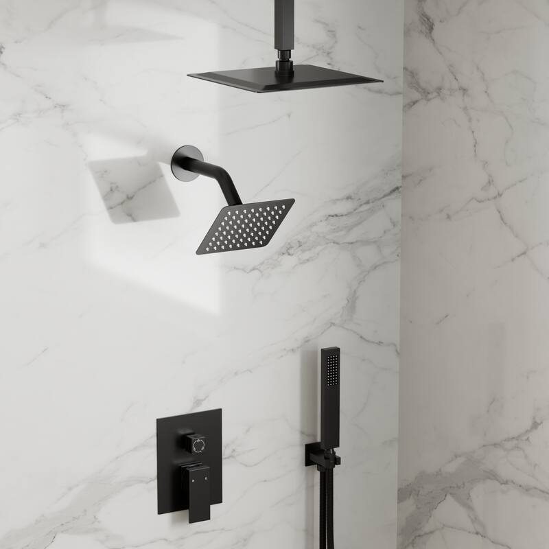 GRANDJOY Dual Shower Heads 10 Inch Ceiling Mounted Rainfall Shower System with Rough-in Valve - Matte Black