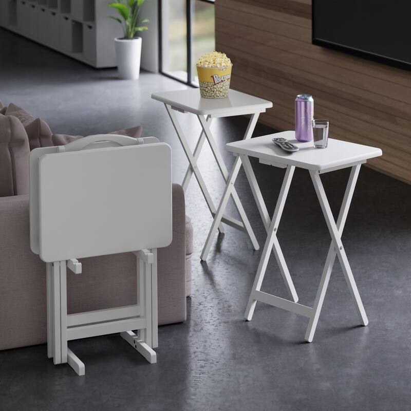 Alex 5-Pc Snack Table Set with Storage Stand White Finish