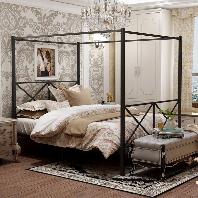 Metal Canopy Bed Frame, Platform Bed Frame with X Shaped Frame Black - Full