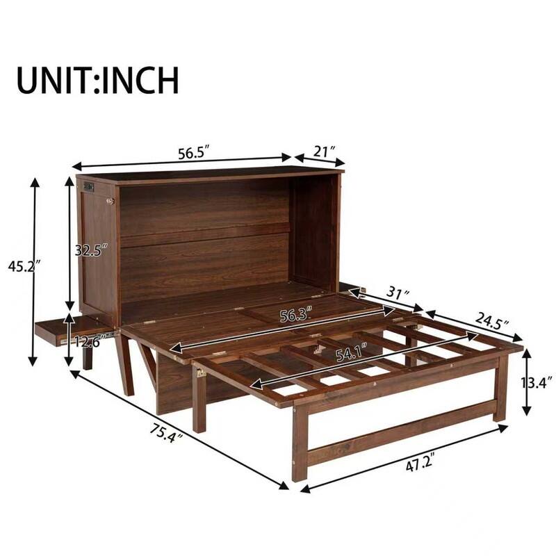 Murphy Cabinet Bed with USB Port and Removable Shelves on Each Side, Space-Saving Cube Cabinet Bed with Desk