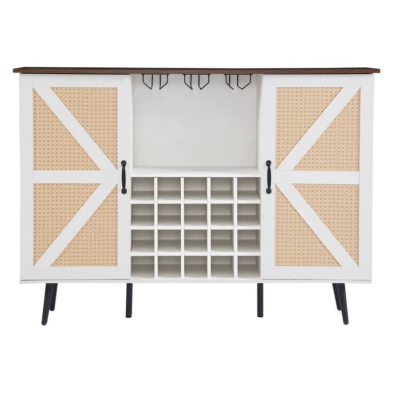 Faux Rattan Barn Door Wine Cabinet with Wine Rack and Wine Glass Rack, Double Door Design with Removable Shelves - White+Walnut