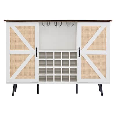 Rattan Barn Door Wine Cabinet with Wine Rack and Wine Glass Rack, Double Door Buffet Cabinet with Removable Shelves