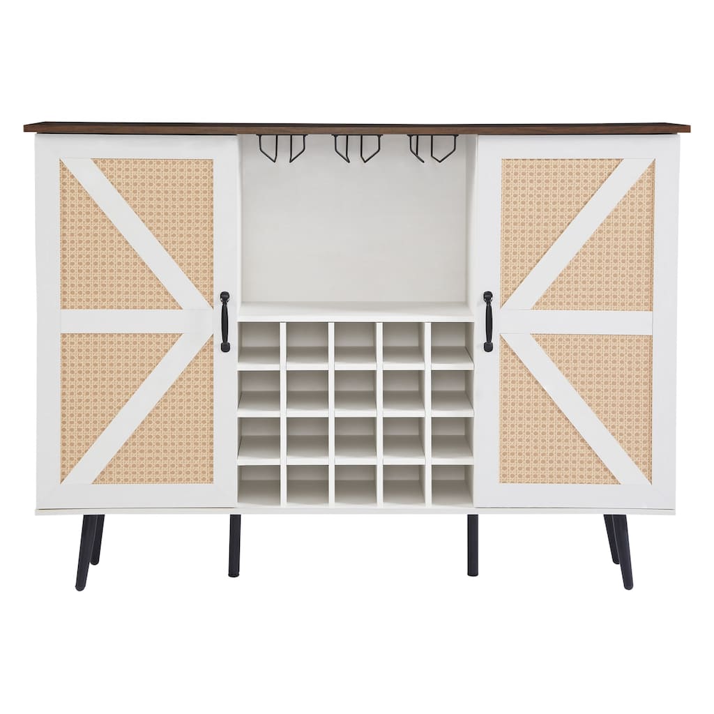 Rattan Barn Door Wine Cabinet with Wine Rack and Wine Glass Rack, Double Door Buffet Cabinet with Removable Shelves