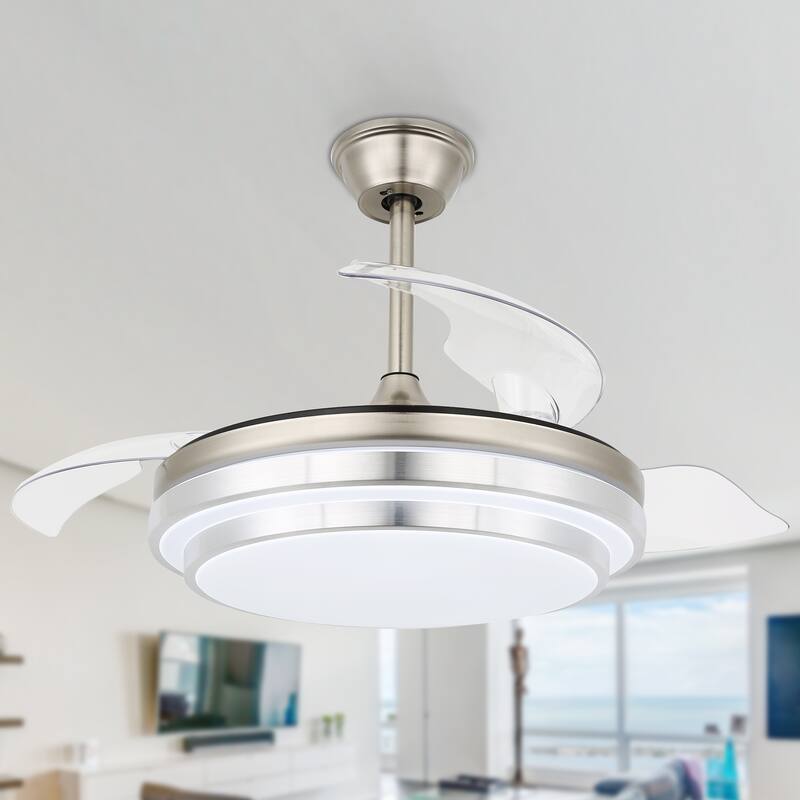 CurveCurio 42 in. Ceiling Fan with Concealable Fan Blades, 6 Fan Speed 3 Light Tone Remote Control Fan for Bedroom - Chrome