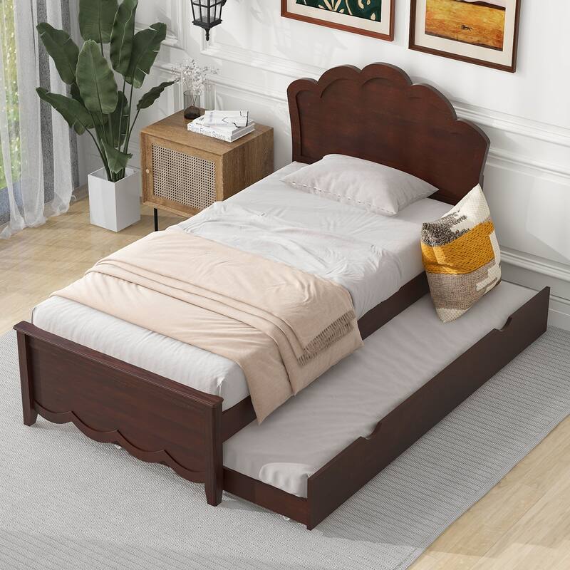 Single Bed Wood Platform Bed with Wave Shape Headboard and Footboard, Twin Size Trundle Bed Underneath No Box Spring Needed