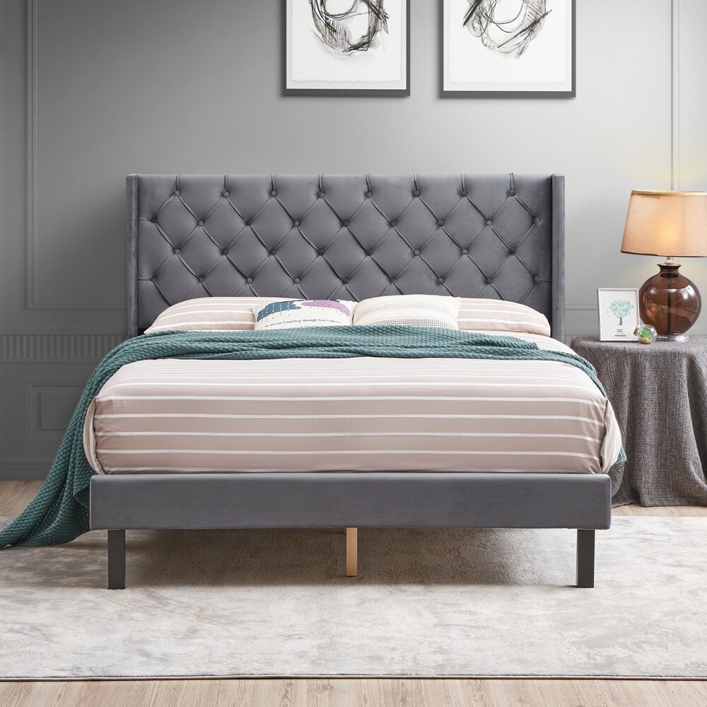 Velvet Button Tufted Upholstered Bed with Wings Design Bed Bath