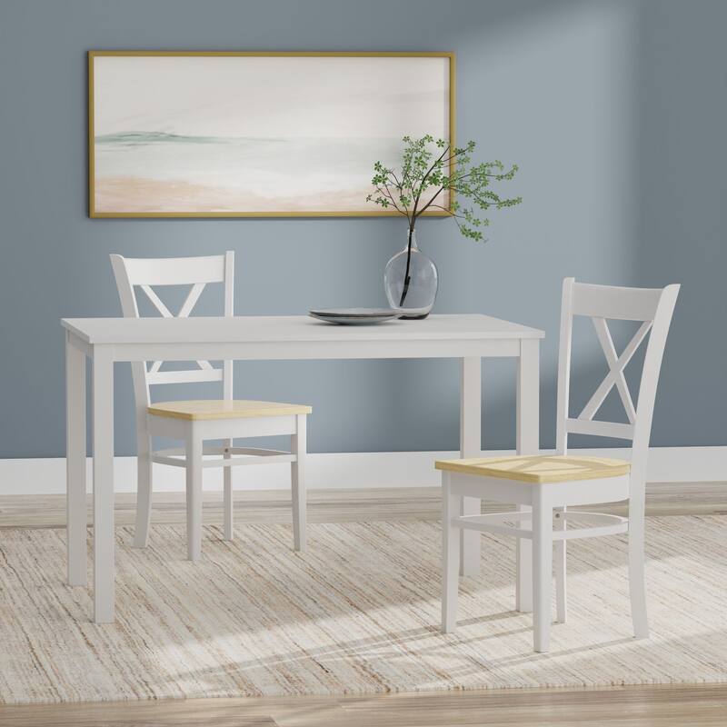 3-Piece Dining Set, 48" Rectangle Wood Table and Cross Back Chairs - White Table + White/Natural Chairs