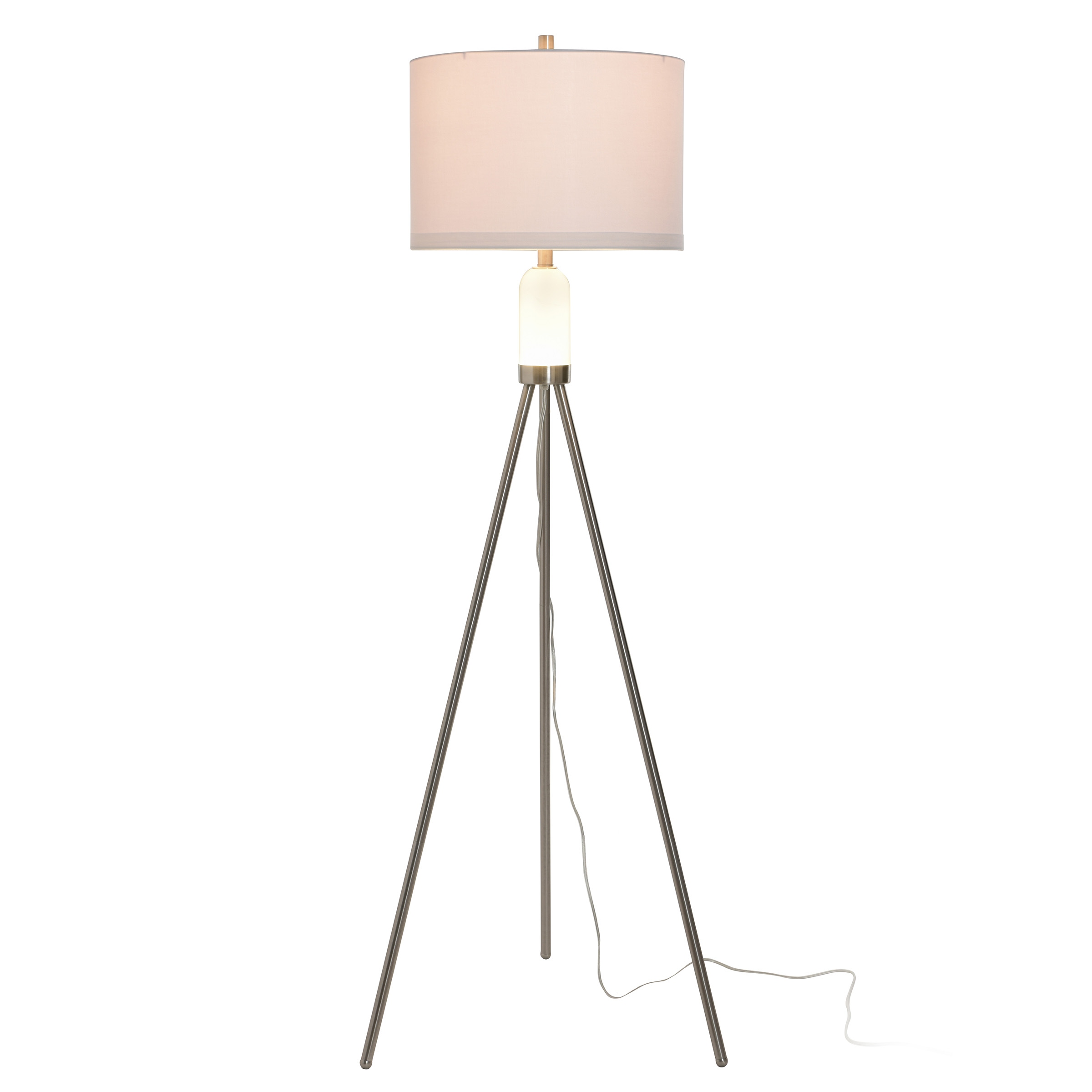 StyleCraft Orion Tripod Floor Lamp with LED Night Light - Brushed Nickel - White Shade