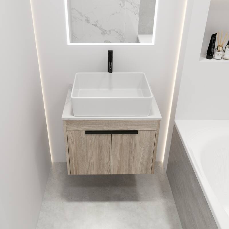 24 " Float Bathroom Vanity With Ceramic Basin Set,Wall Mounted White Oak Vanity With Soft Close Door,2 Pieces Parcel