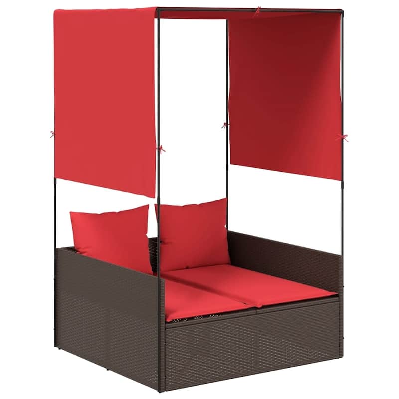 vidaXL Double Sun Lounger with Roof and Curtains Poly Rattan Brown/Gray/Black - 17.0 x 18.3 x 29.0