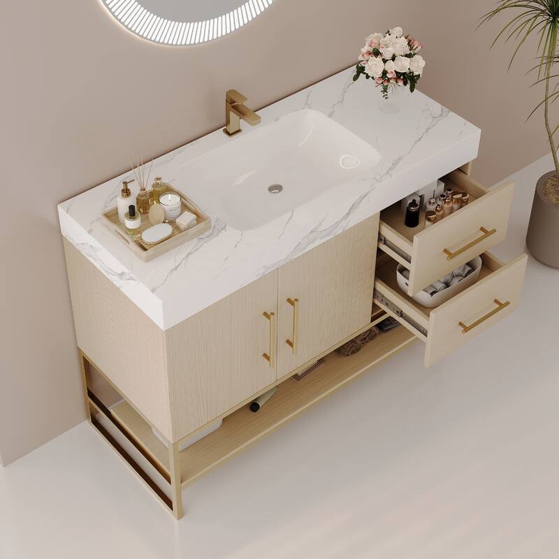 36" Modern Bathroom Vanity - Free Standing with Seamless Ceramic Sink & Gold Accent