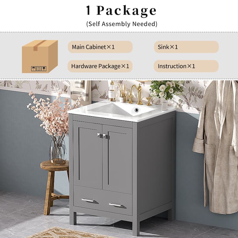 GDFStudio - Aurora Wood & Ceramic Bathroom Vanity Set with Sink and Divided Drawers