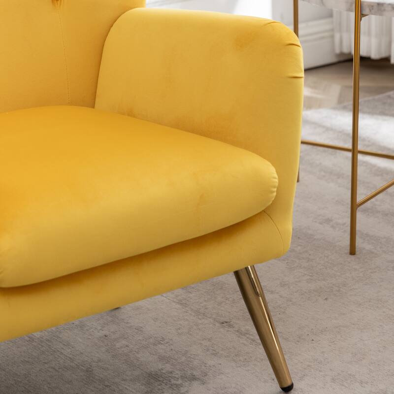 Velvet Upholstered Armchair Single Sofa Chair with Button Tufted Backrest, Yellow Dining Chair Office Chair with Metal Legs