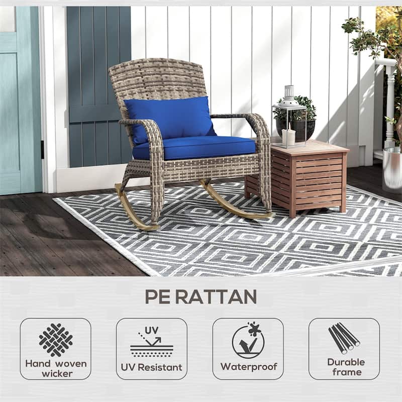 Adirondack Rocking Chair Outdoor PE Rattan with Cushions Steel Frame Patio Garden Porch - 26" W x 35" D x 38.5" H