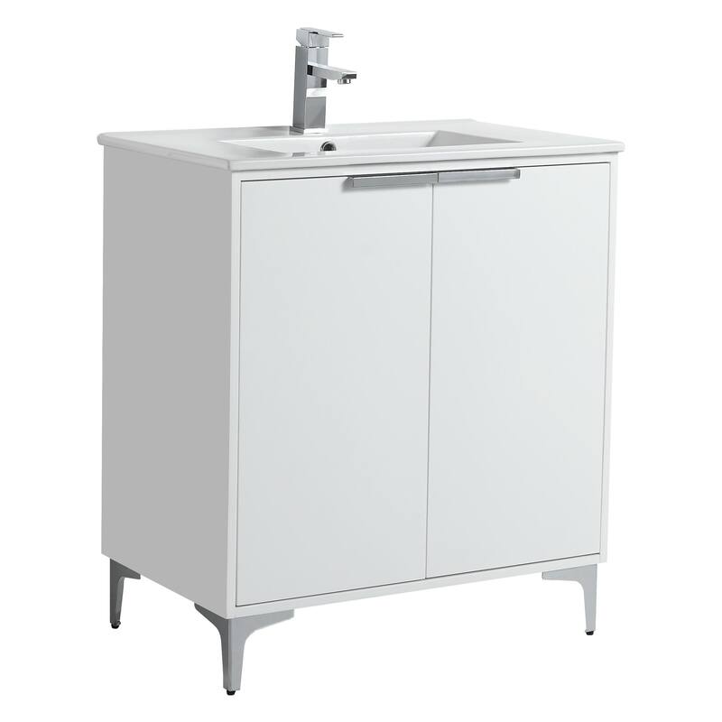 Fine Fixtures Wilmington Bathroom Vanity with White Ceramic Sink. - 30 Inch - White Matte - Polished Chrome Hardware