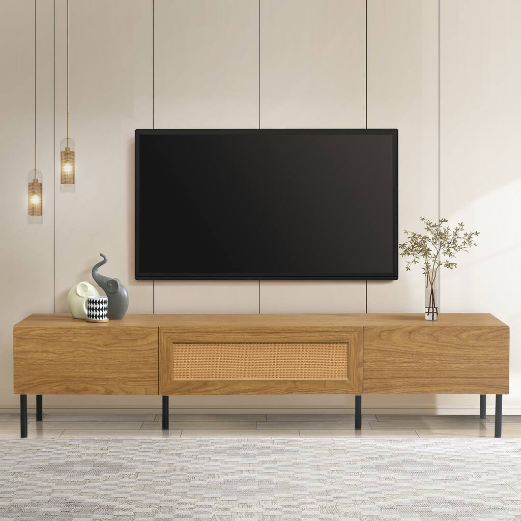 70.86" Rattan TV Stand with Pull Down Cabinets for 85" TVs